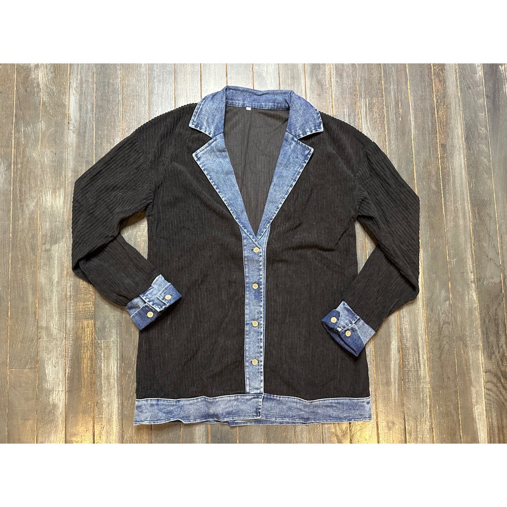 Black Ribbed Corduroy Denim Trim Button Up Cardigan Shacket Mixed Media Top